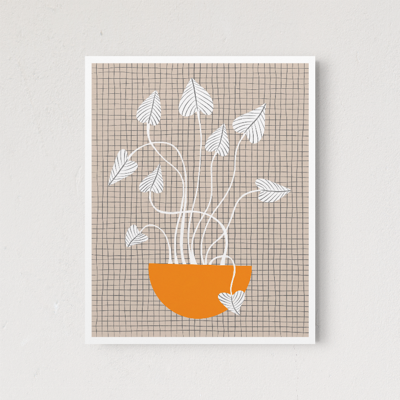 Square framed botanical print with gray leaves and an orange pot, white border