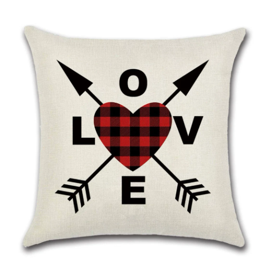 Beige Valentine pillow cover with plaid heart, LOVE letters, and arrow and banner graphics