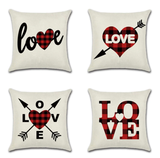 Four Valentine throw pillow covers, beige with Love word art and red plaid hearts