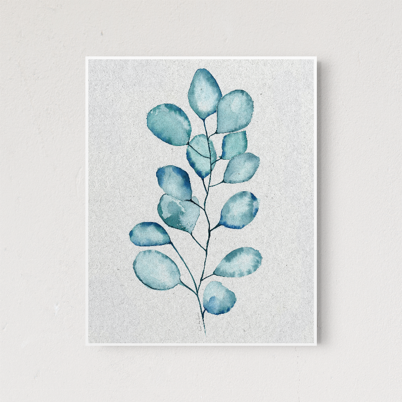 Eucalyptus leaves square wall print with blue-green leaf sprig and white frame