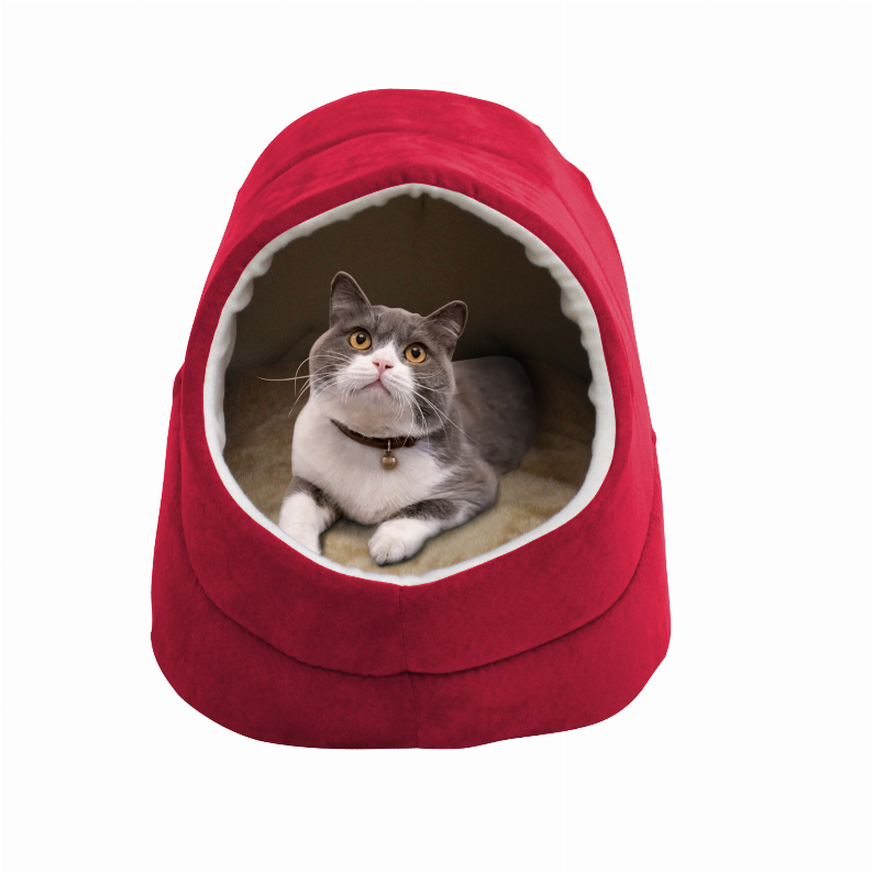 Red cat cave bed with cream-trimmed circular entrance and gray cat inside