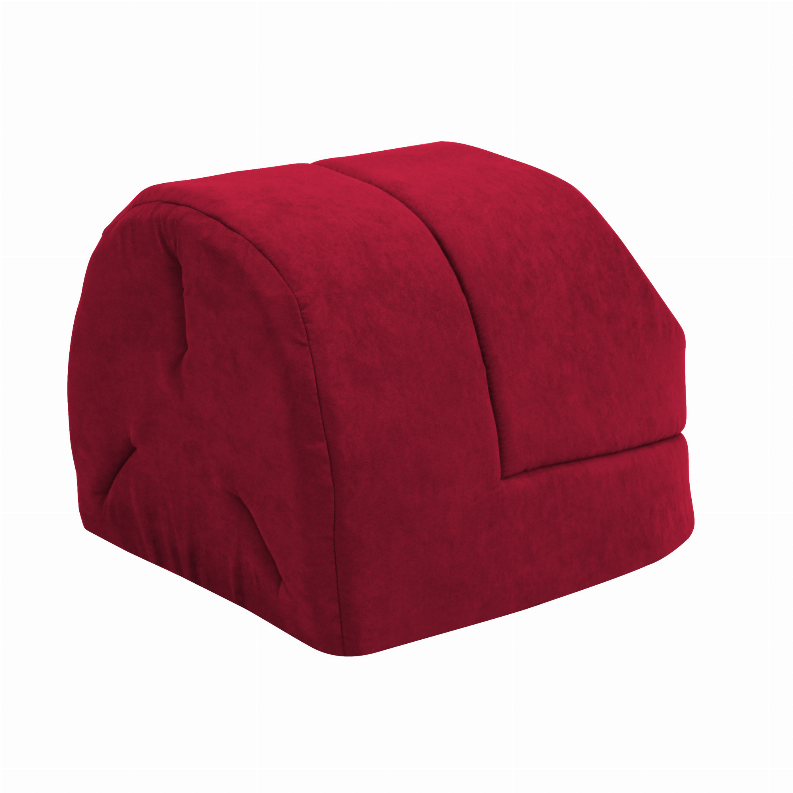 Red plush cat cave bed with rounded hooded entrance