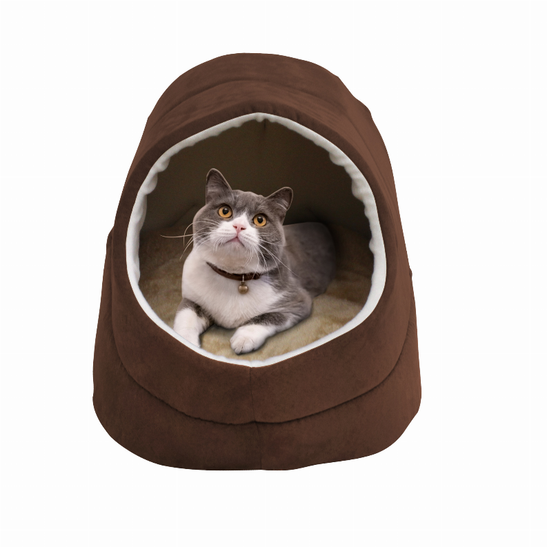 Brown cat cave bed with oval entrance and light trim, gray cat inside