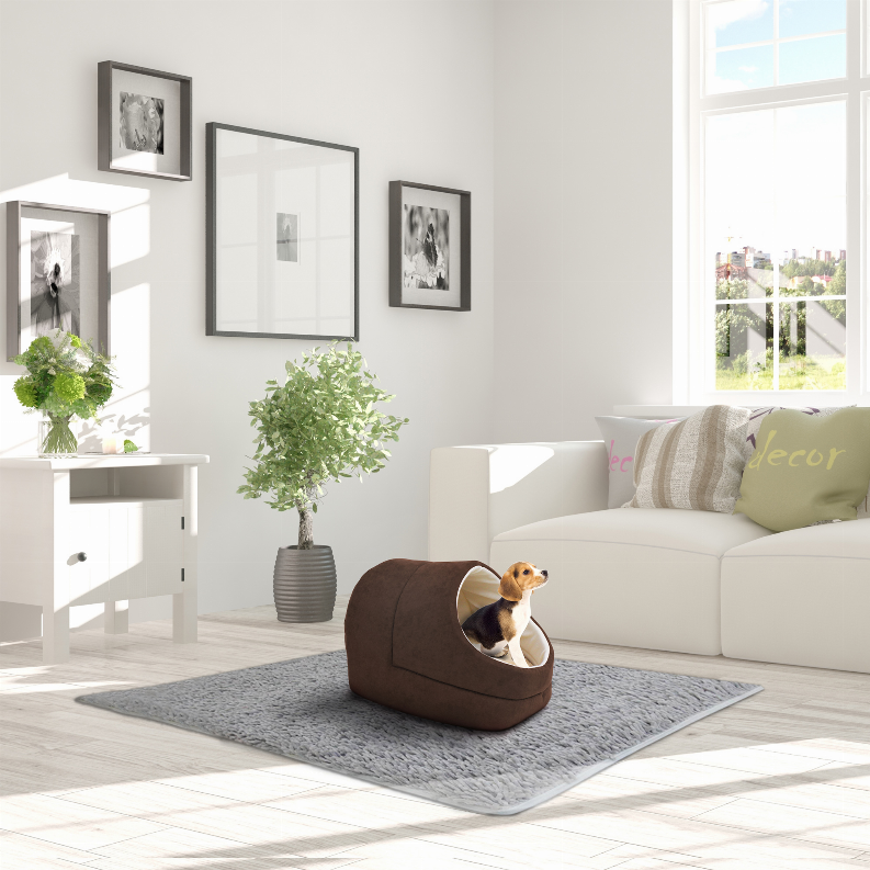 Brown cat cave bed with oval entrance and light lining, orange cat inside on rug