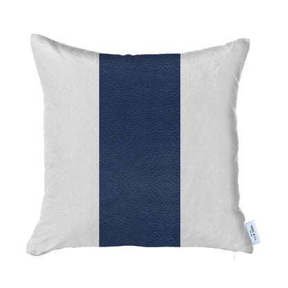 Square throw pillow cover with white panels and dark blue vertical center stripe