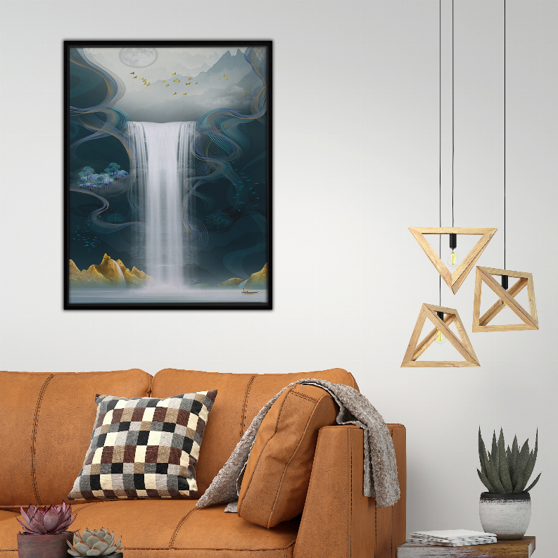 Waterfall landscape art print in black frame, mounted on a white wall