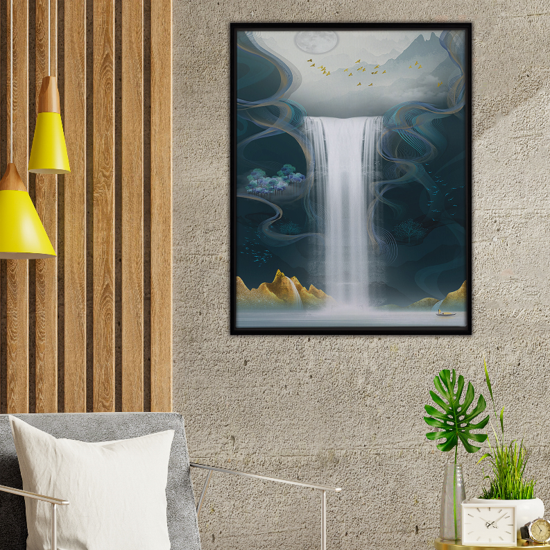 Waterfall landscape art print in black frame, blue water and mist