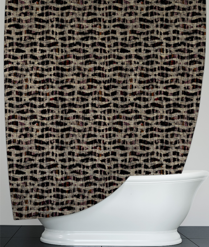 Black and taupe abstract shower curtain with wavy texture, curved over bathtub