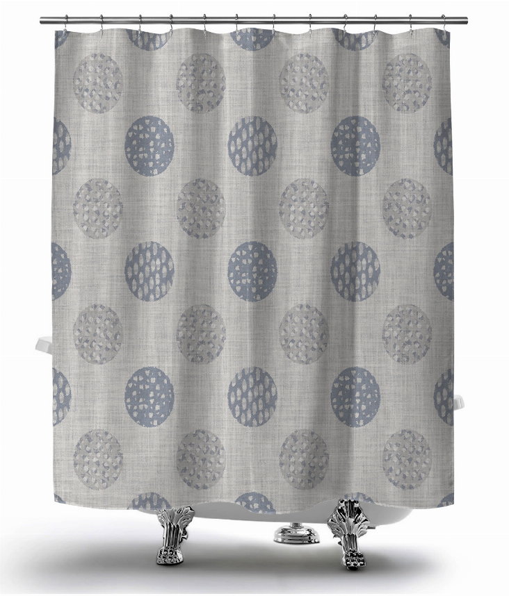 Multi circular-pattern shower curtain with grommets, light blue and gray circles