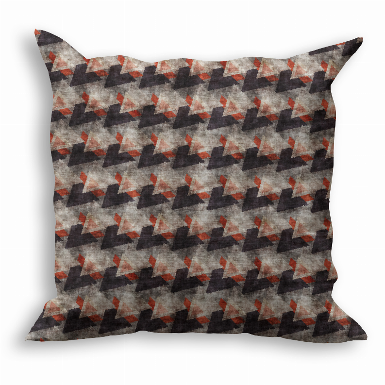 Decorative throw pillow with gray base and rust houndstooth pattern, square with corners.