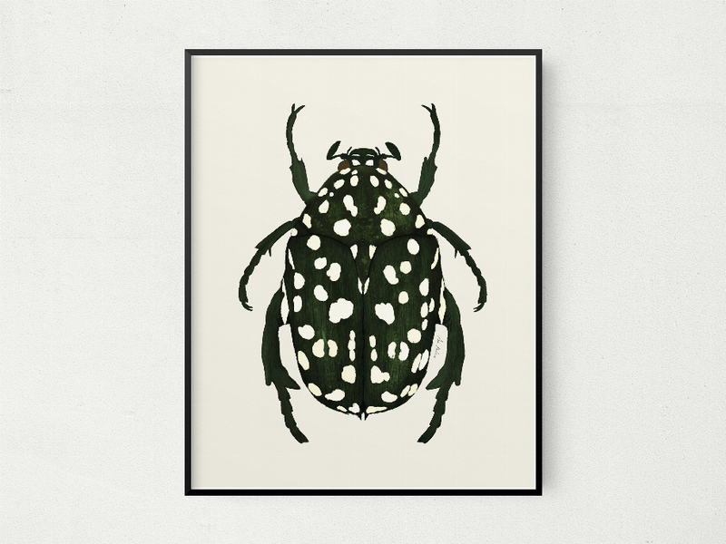 Square black-framed beetle wall art, dark green insect with white spots and antennae