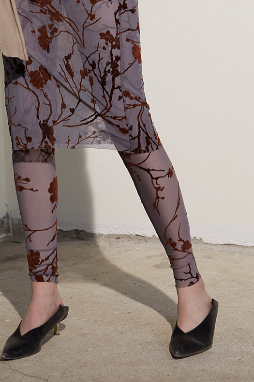Sheer chiffon leggings with maroon branch floral print, full-length skinny fit