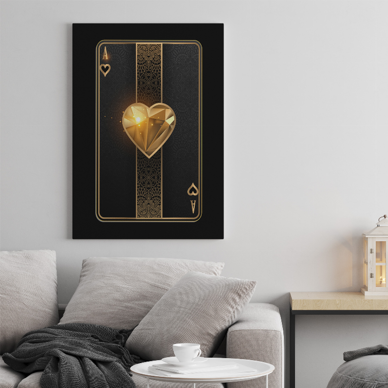 Framed black art print with gold heart centerpiece and ace suit icons