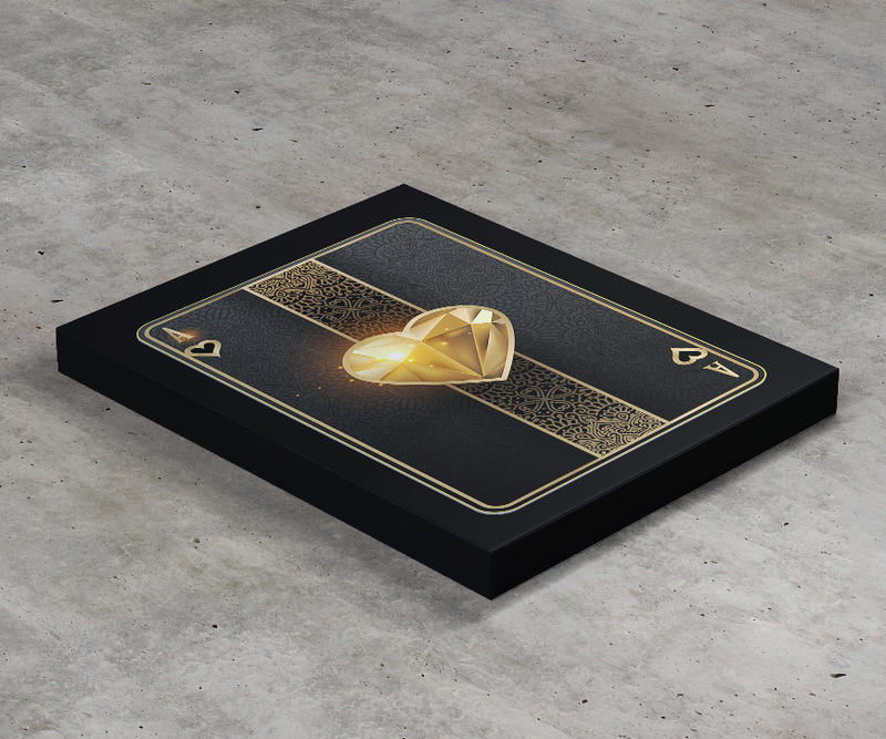 Black art print featuring gold heart playing card with ace diamond and spade outlines