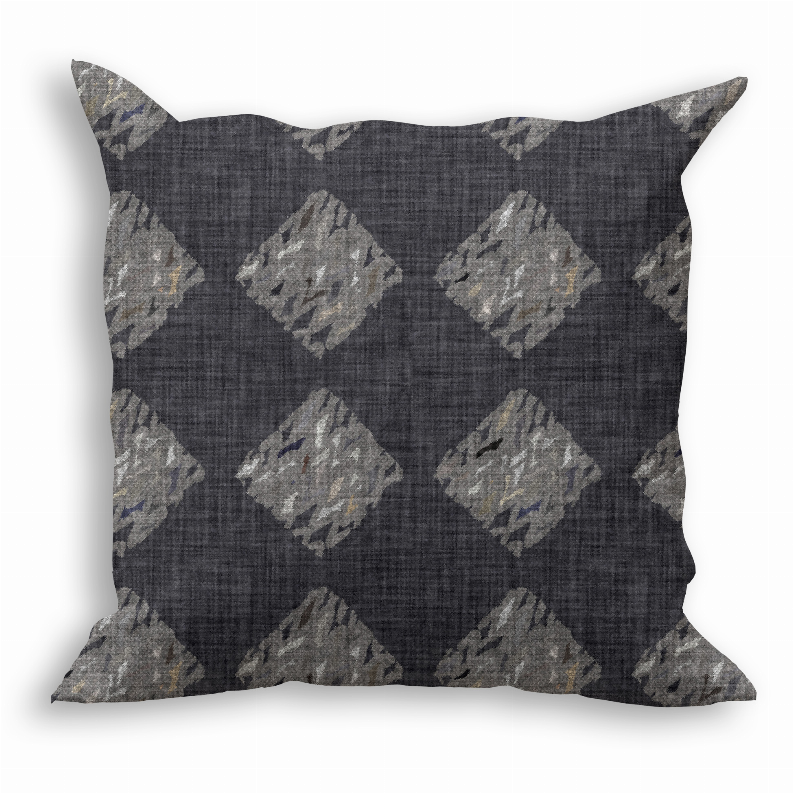 Dark gray throw pillow with repeating light gray diamond patterns