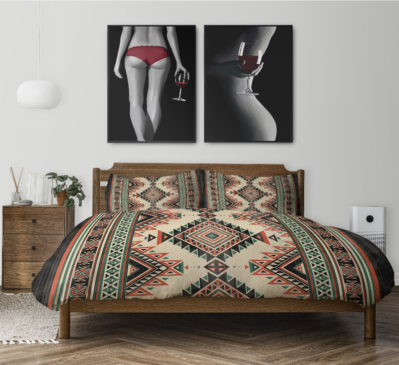 Comforter set on bed with geometric diamond pattern and two pillow shams
