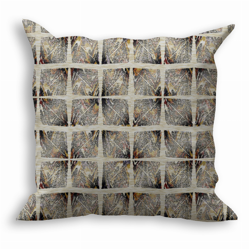 Square throw pillow featuring repeating geometric blocks with black and tan accents