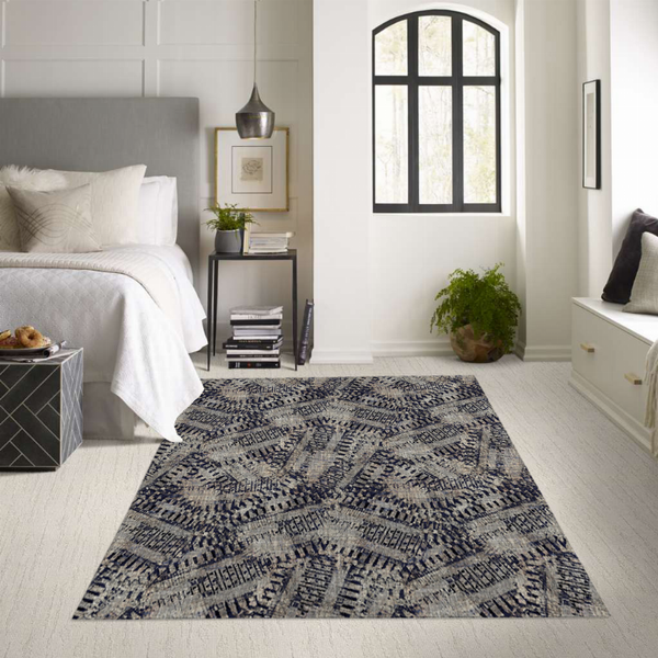Low pile multi-color carpet with blue-gray geometric pattern, rectangular
