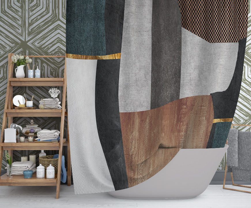 Shower curtain with abstract vertical stripes in teal, gray, black, brown, and gold accents