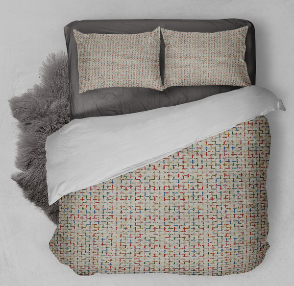 Comforter set with multicolor grid pattern and two matching square pillow shams