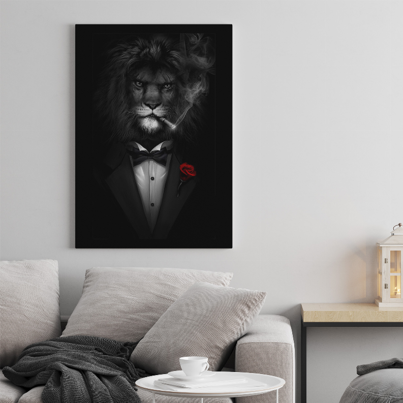 Framed lion in tuxedo art print with black bow tie and red rose accent
