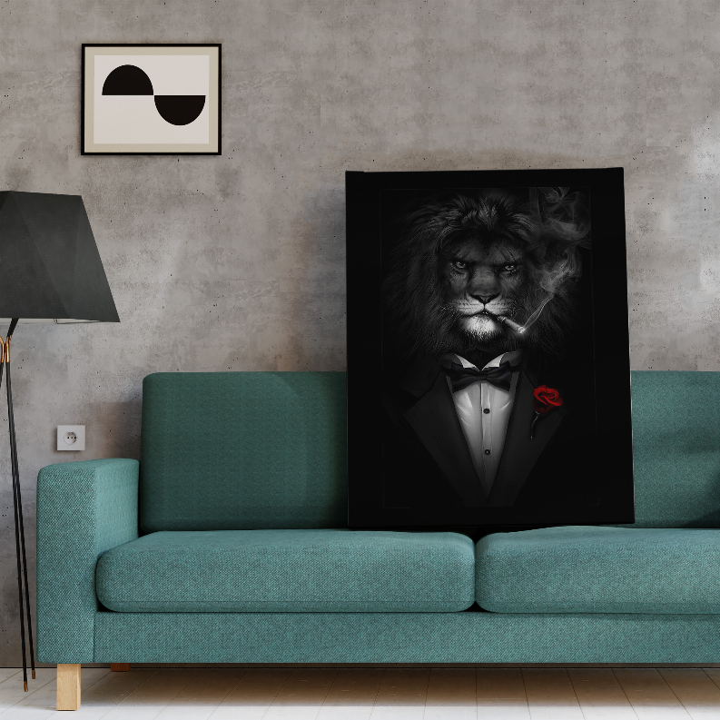 Lion in tuxedo art print with black bow tie and red rose detail