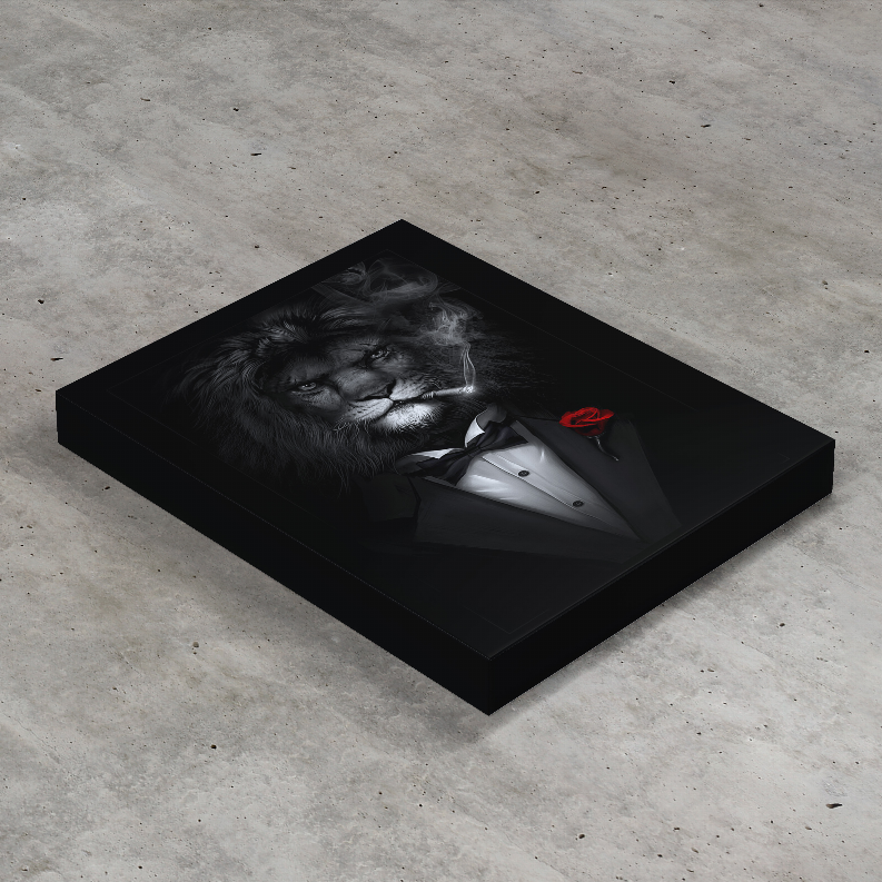 Lion in tuxedo art print, angled square with red rose and bow tie