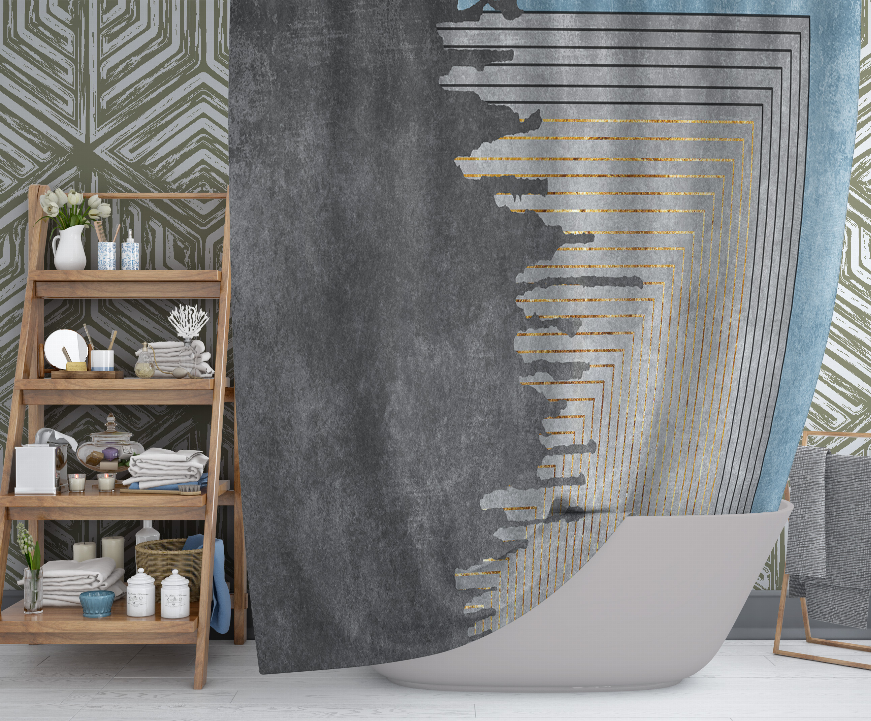 Dark gray shower curtain with blue and gold stepped line arch graphic