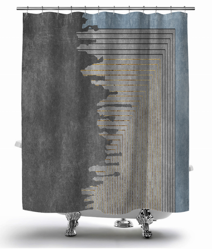 Dark gray shower curtain with multicolor framed stepped line pattern and metal grommets