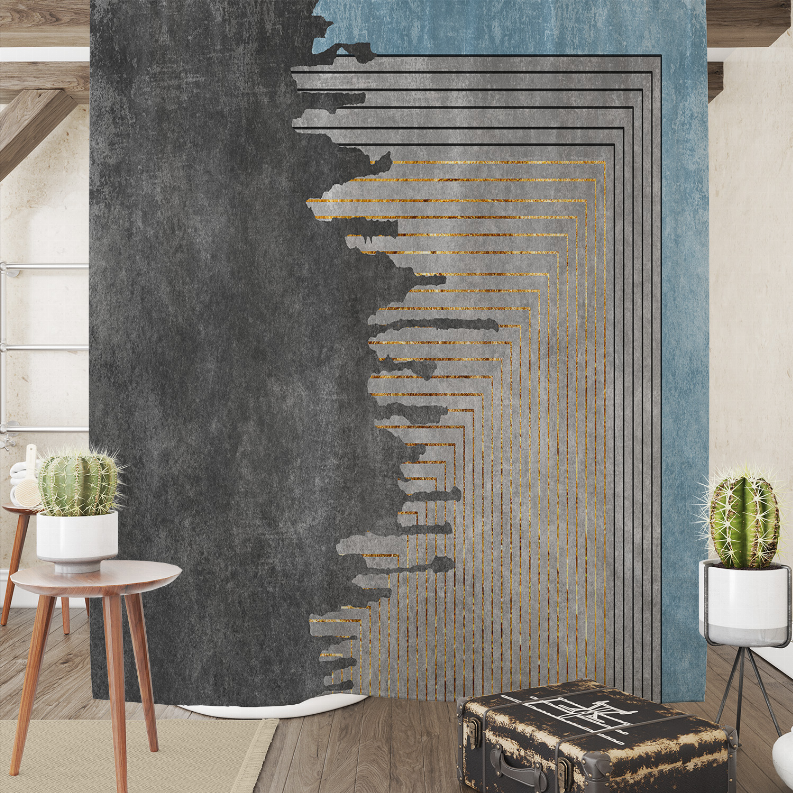 Dark gray shower curtain with blue side panel and gold striped stepped arch design