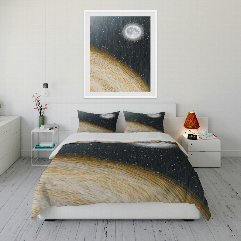 Space-pattern comforter set in dark with gold swoosh, includes duvet and two pillow shams