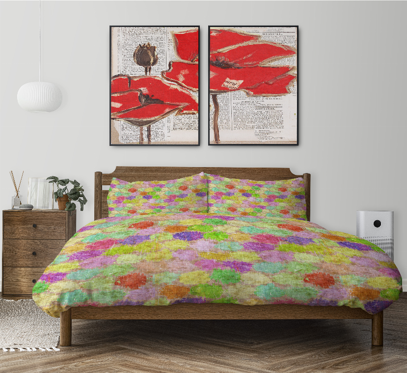 Multicolor comforter set with floral abstract patterned comforter and two pillows