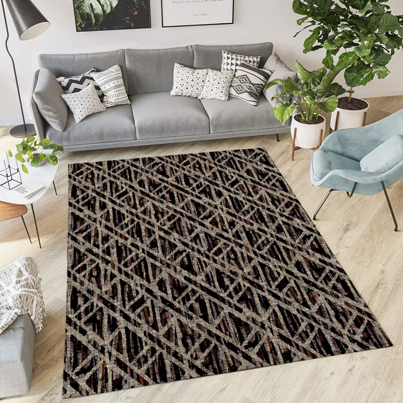 Low pile carpet with multicolor geometric pattern, full rug view on dark base