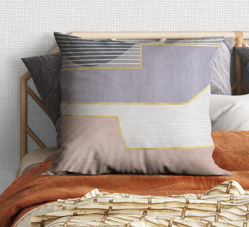 Blankets2U geometric throw pillow in gray, white, navy with yellow outline