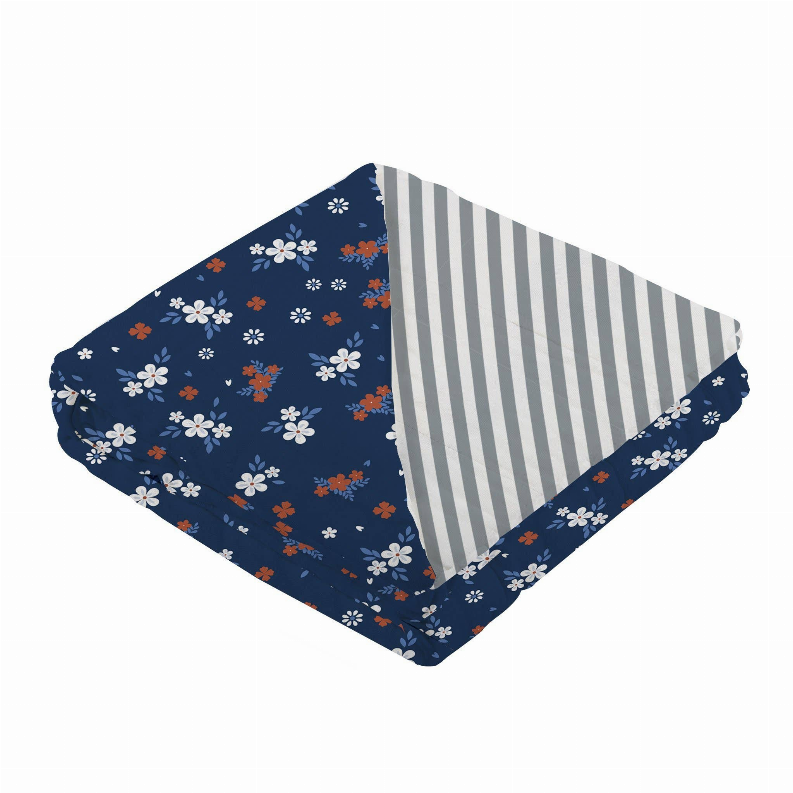 Bamboo muslin blanket, navy floral side with white flower motifs and diagonal grey striped panel.