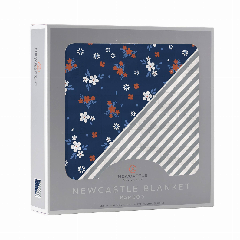 Bamboo blanket gift box with window showing navy floral print and grey striped corner panel.