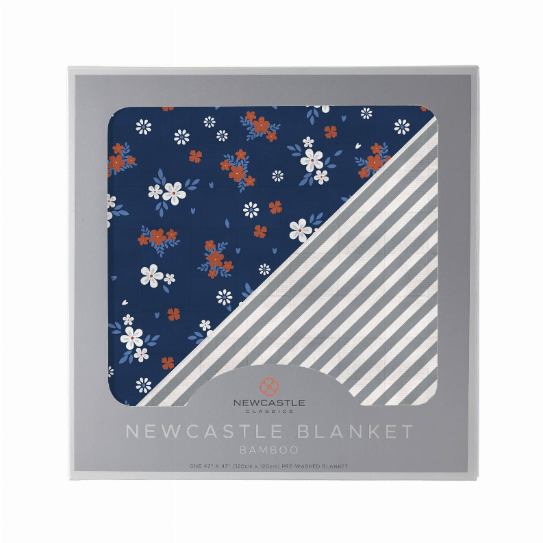 Bamboo blanket gift box front with window showing navy floral print and grey-and-white stripes.