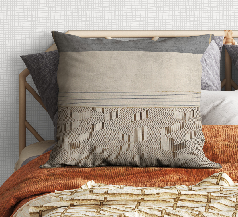 Gray and beige striped cushion pillow with woven geometric texture front
