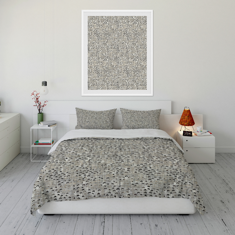 Speckled comforter set with two matching pillows, light gray and cream pattern