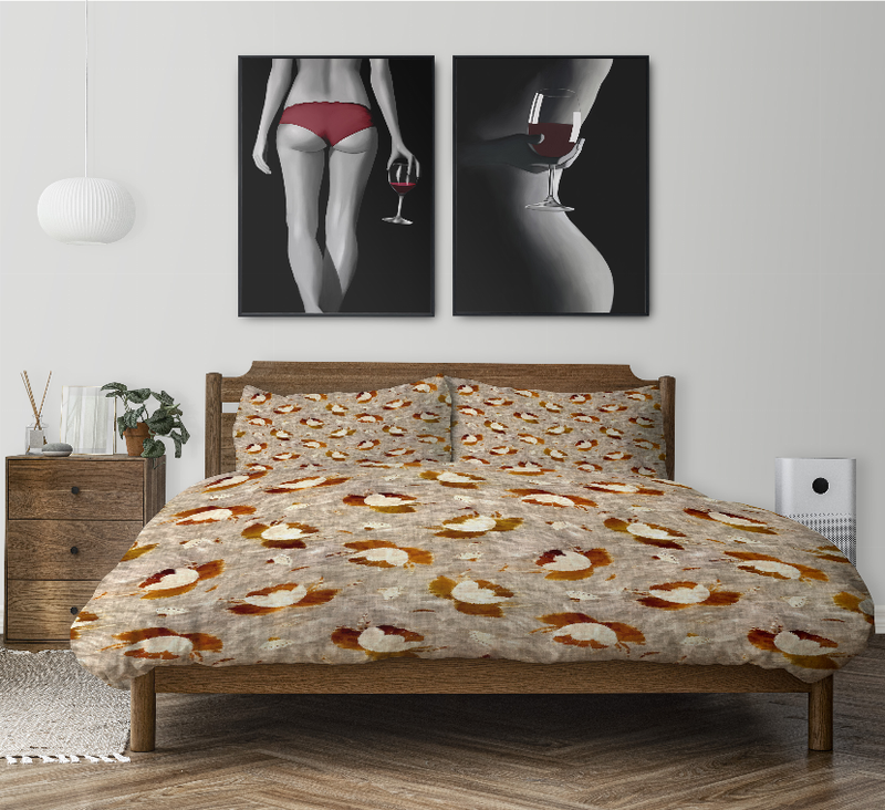 Duvet cover set: beige with brown and gold circular floral pattern, duvet and two shams