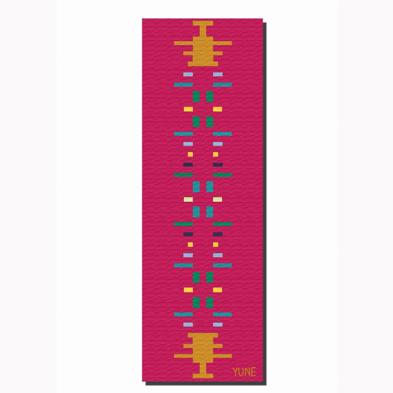 Magenta yoga mat with vertical geometric line pattern and Yune logo at corner