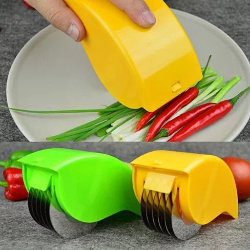 Handheld vegetable cutter and mincer with yellow and green plastic body and blade head