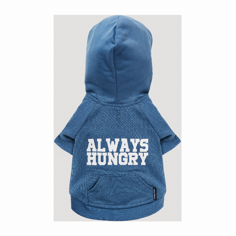 Blue hoodie with 'ALWAYS HUNGRY' print on back, hood, and front pocket