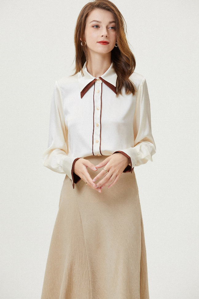 White silk shirt with brown tie-neck collar and button placket, long sleeves