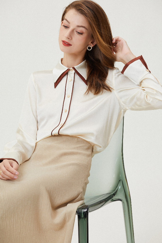 Camellia silk shirt in white with brown-trimmed collar and button-front placket