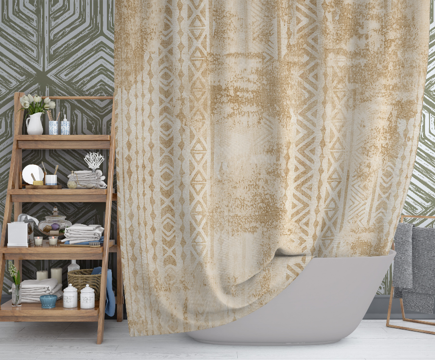 Beige shower curtain with vertical geometric and distressed pattern