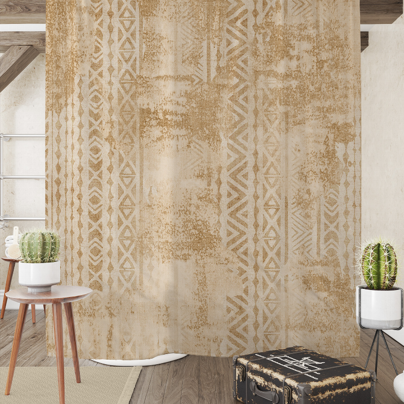 Beige shower curtain with layered geometric prints and textured distressed look