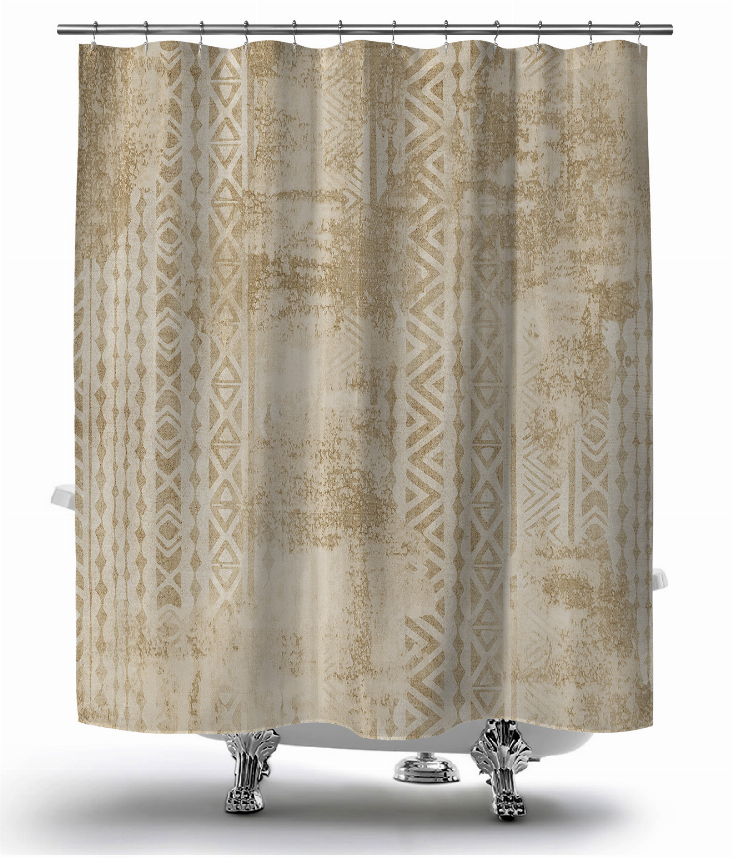Beige patterned shower curtain with top grommets and distressed geometric design