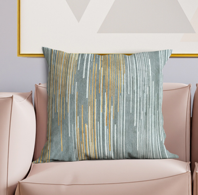 Square teal pillow cover with vertical gold and light gray stripe pattern