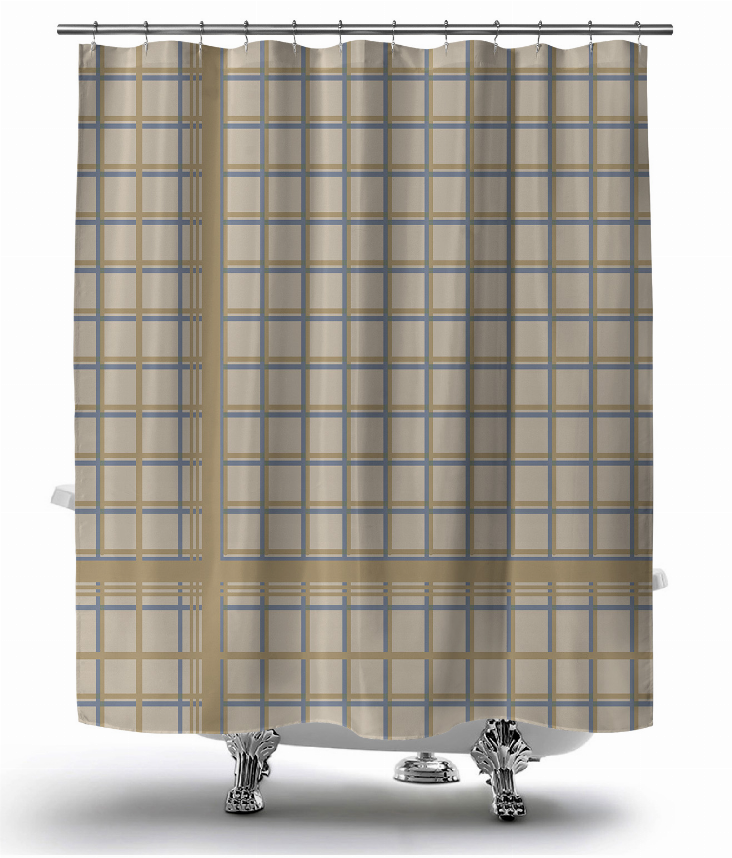 Shower curtain with blue and beige plaid grid, grommets and straight hem
